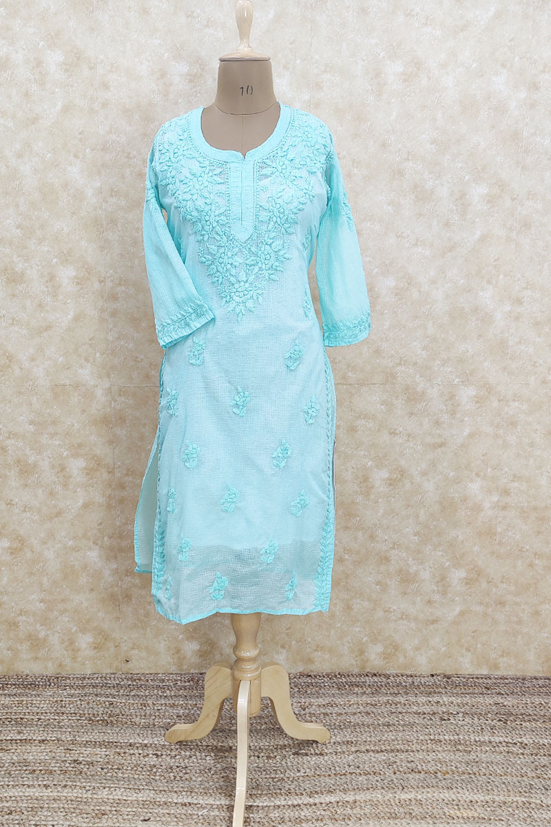 Sky Blue Colour Hand Embroidered Lucknowi Chikankari Kurti-Kota Cotton MC251886